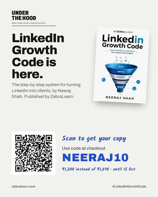 LinkedIn Growth Code by Neeraj Shah, published by ZebraLearn: launch poster with the NEERAJ10 offer