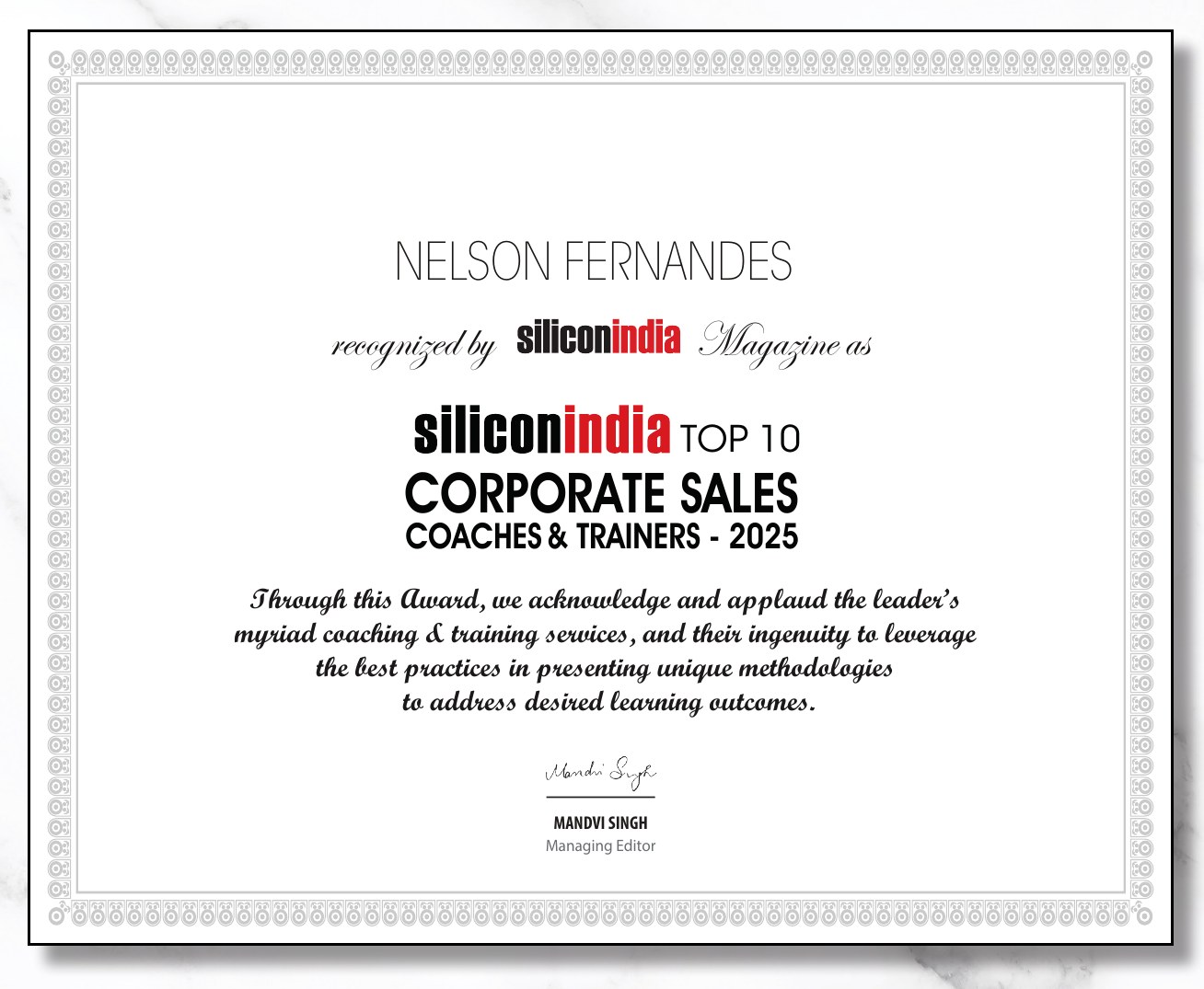 Silicon India Top 10 Corporate Sales Coaches and Trainers 2025 certificate awarded to Nelson Fernandes